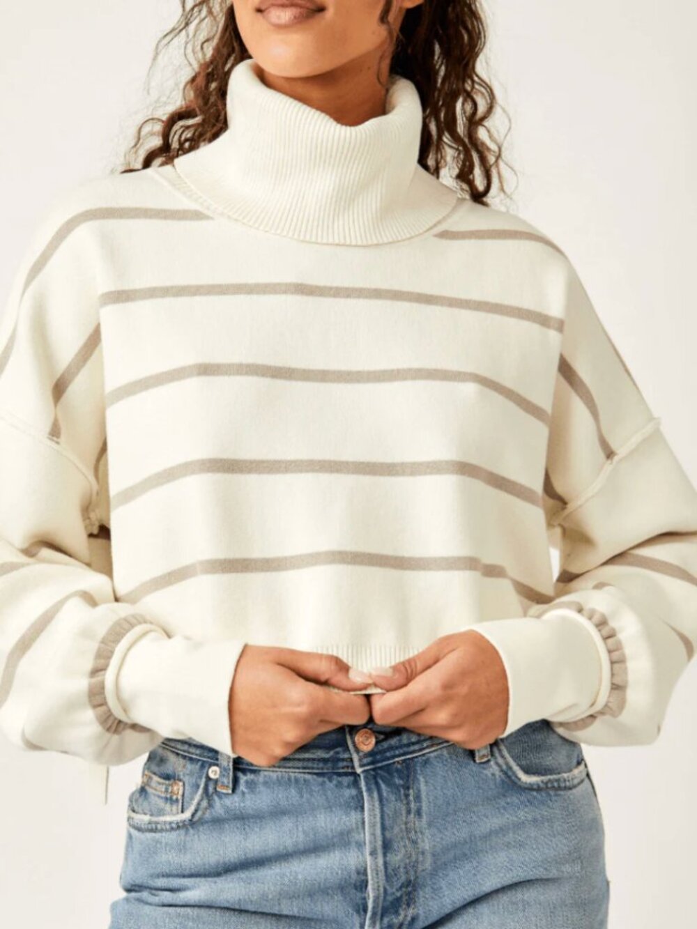 Free People Women's "Paulie" Striped Turtleneck Sweater In Cream & Tan - Size M